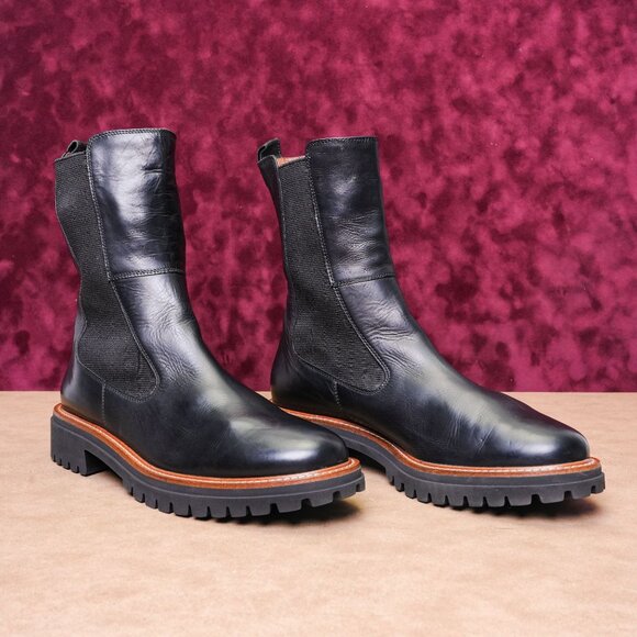 Paul Green Women HalfBlack Leather Chelsea Lug Sole Boots 10US Austrian 7.5
